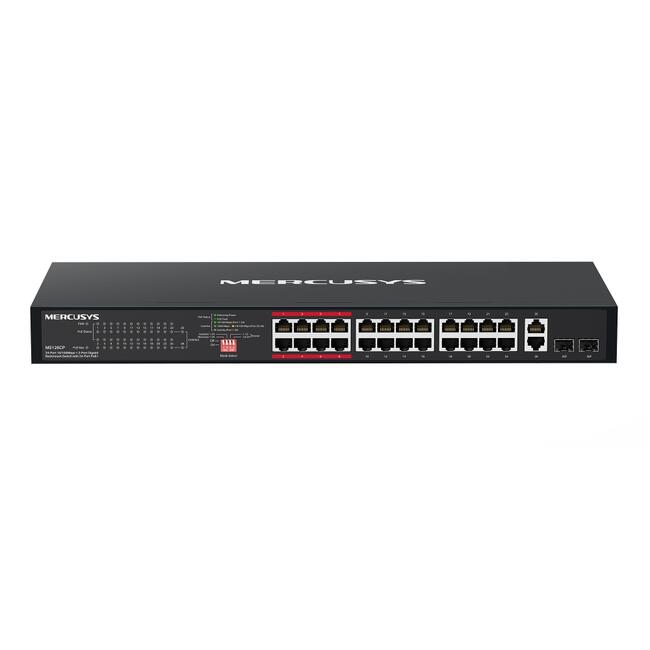 24-портов 10/100 Mbps + 2-портов Gigabit Rackmount комутатор с 24 PoE+ порта Mercusys MS126CP