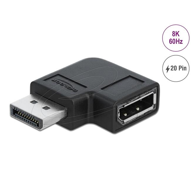 Адаптер Delock 90° DisplayPort 1.4 , 20 pin  мъжко (male) към  DisplayPort 1.4 20 pin женско (female), 8К 7680 x 4320 @ 60 Hz with DSC support