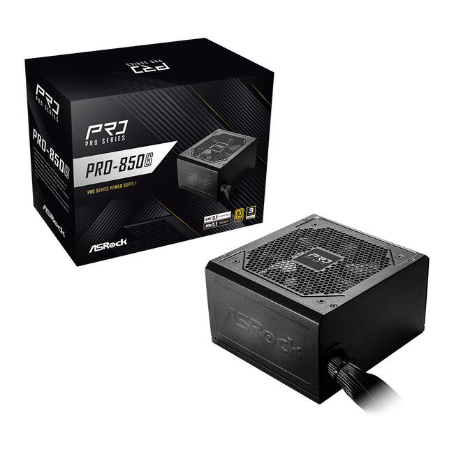 ASRock захранващ блок PRO-850G, 850 W мощност, 24-пинов ATX конектор, черен, за настолен компютър