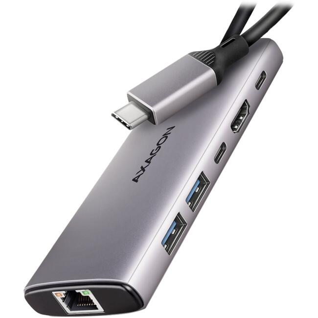 AXAGON USB хъб HMC-6G2L – 2 бр. USB-A и 1 бр. USB-C 10 Гбит/с, HDMI 4K/60 Хц, RJ-45, до 100 Вт
