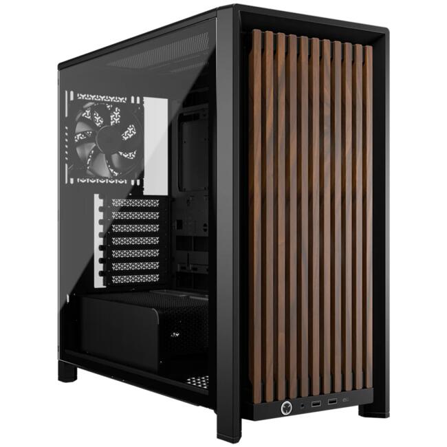 Corsair компютърна кутия FRAME 4000D RS Wood - Mid-Tower, черна/орех, дървен панел, закалено стъкло