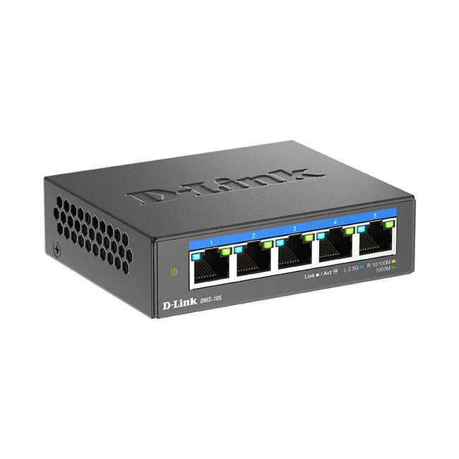 D-Link мрежов суич DMS-105 - неуправляем L2, 5 порта 2.5G Ethernet, 100/1000/2500 Mbps, черен