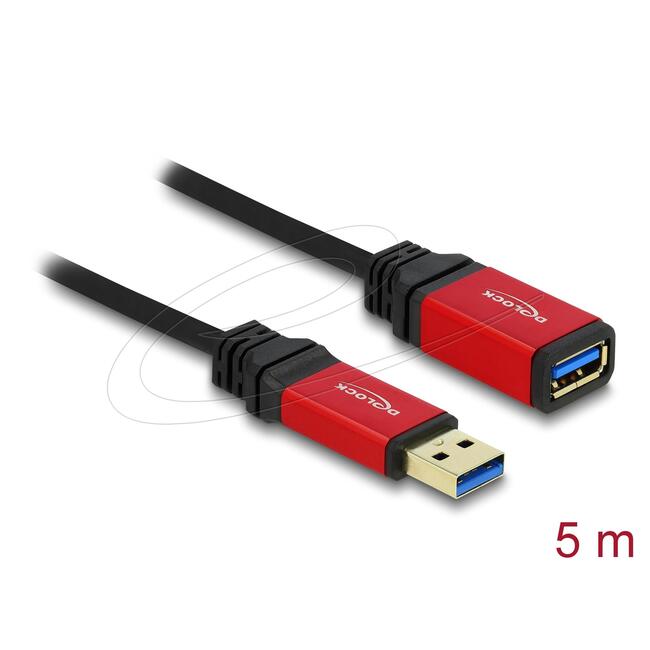 Delock удължителен кабел USB-A мъжки към USB-A женски конектор, 5 м, екраниран, цвят черен