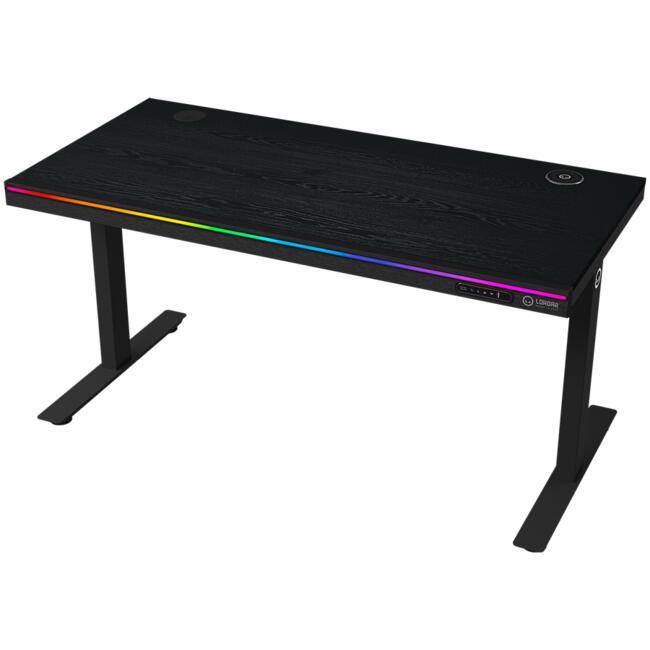 Dual-motor sit/stand adjustable-height gaming desk with wireless charger, RGB lighting, control panel, and USB ports, solid wooden tabletop, black.