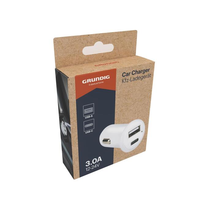 Grundig Зарядно за кола 5 V Fast Charge – USB-A и USB-C, два изхода, бързо зареждане, 12/24 V