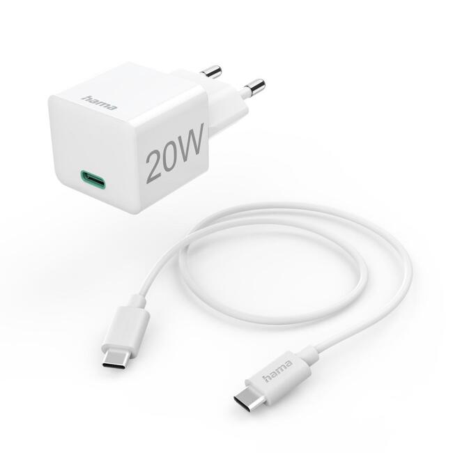 HAMA комплект бързо мини зарядно за телефон с USB-C кабел Power Delivery, 20W, кабел 1 м, бяло