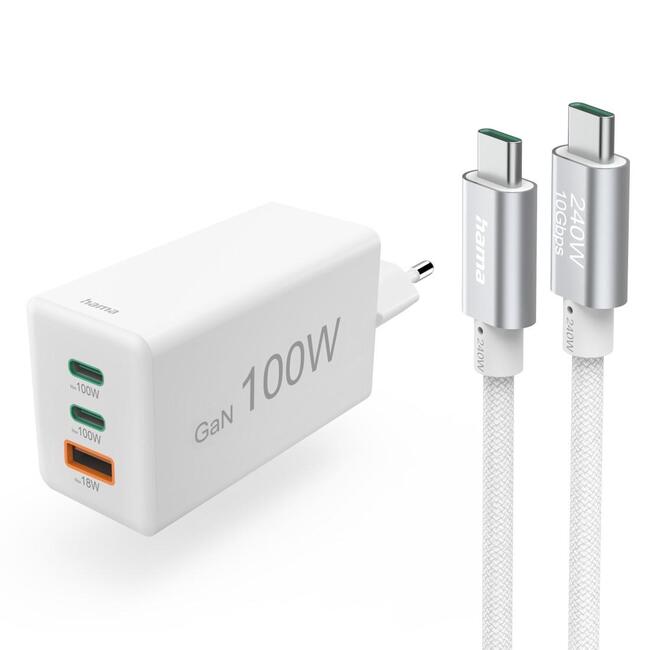 HAMA Комплект бързо зарядно и кабел за зареждане 100 W GaN - 2x USB-C PD, 1x USB-A QC