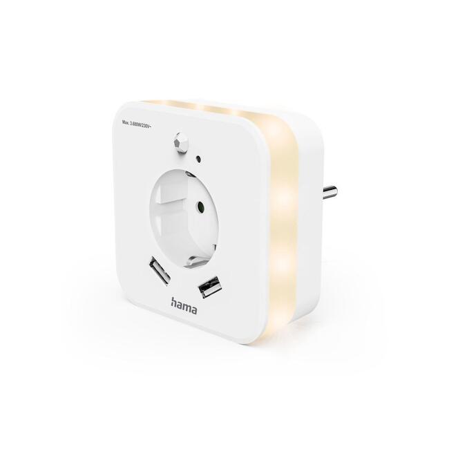 HAMA LED нощна лампа с контакт, 2 USB изхода, компактна, нощно осветление за коридор и детска стая