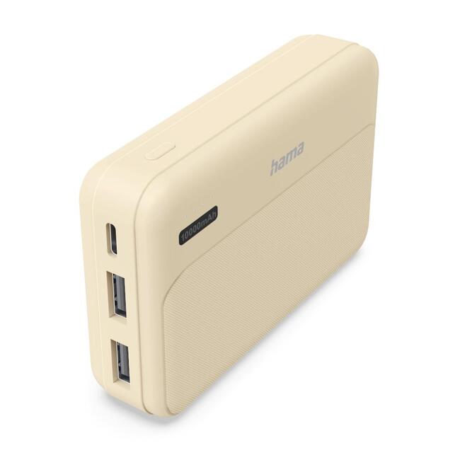 HAMA Външна батерия Pocket 10, капацитет 10000 mAh, два USB-A изхода, бежов цвят, компактна