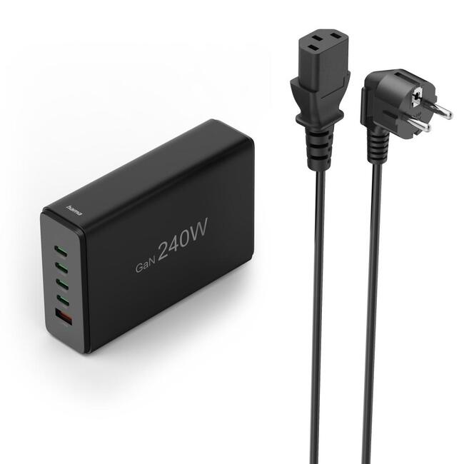 HAMA зарядна станция GaN Fast Charger, 240 вата, 4 x USB-C и 1 x USB-A изходи, Power Delivery