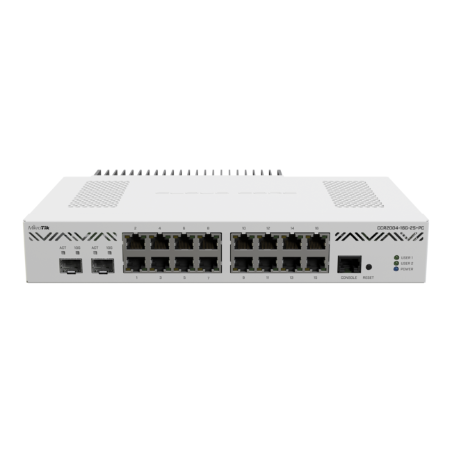 Комутатор MikroTik CCR2004-16G-2S+PC с 16 Gigabit порта и 2 SFP+ порта