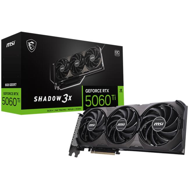 MSI Video Card NVIDIA GeForce RTX 5060 Ti 8G SHADOW 3X OC CLASSIC, 8GB GDDR7, 128-bit, 2602 MHz Boost, 4608 CUDA Cores, PCIe 5.0 (x8), 3x DP 2.1b, HDMI 2.1b, RAY TRACING, Triple Fan, 180W TDP, 8-pin PCIe Power, G-SYNC, 2-Slot, 3Y