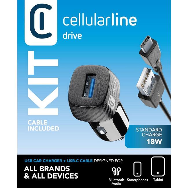 OEM зарядно за кола 12 волта USB-A 18 вата - USB-C кабел, бързо зареждане за телефон, черно