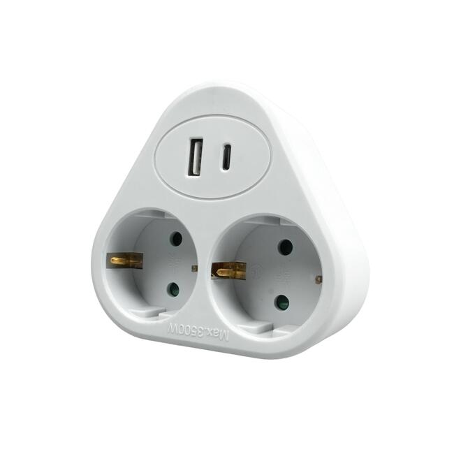 Office 1 Електрически разклонител Office 1, 2 шуко гнезда, 1 USB Type-A и 1 USB Type-C, бяло-сив