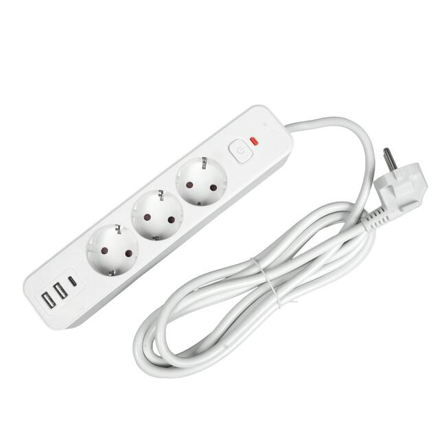 Office 1 Разклонител шуко с ключ, 3 гнезда, кабел 3 м, 2 USB Type-A и 1 USB Type-C, бял цвят