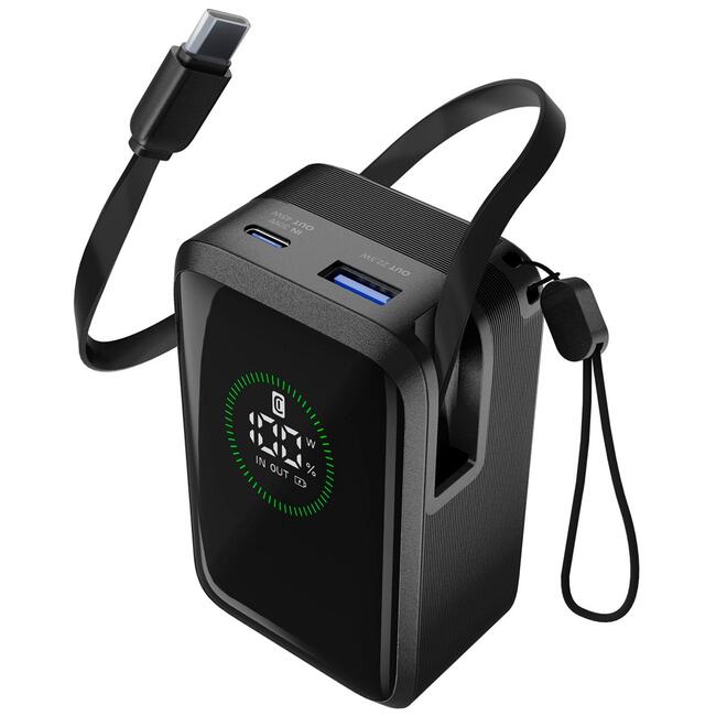 ROLLER външна батерия ROLLER, 10000 mAh, 45 вата, вграден ролетен кабел, светодиоден дисплей