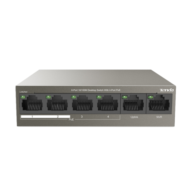 Tenda PoE суич TEF1106P-4-63W - 6 порта, 4 PoE порта, 10/100 Mbps, бюджет 63 W, до 250 метра