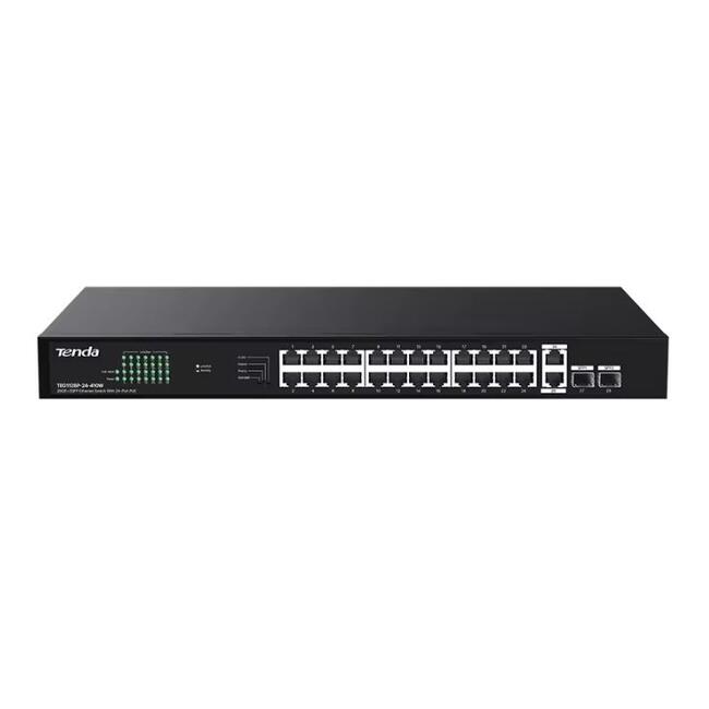 Tenda PoE суич TEG1128P-24-410W - 26 гигабитови порта, 2 SFP, неуправляем, обща PoE мощност 410 W