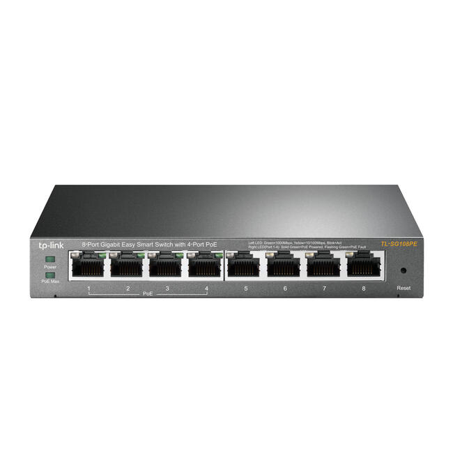 TP-Link мрежов суич TL-SG108PE – 8-портов управляем L2, Gigabit Ethernet със захранване PoE