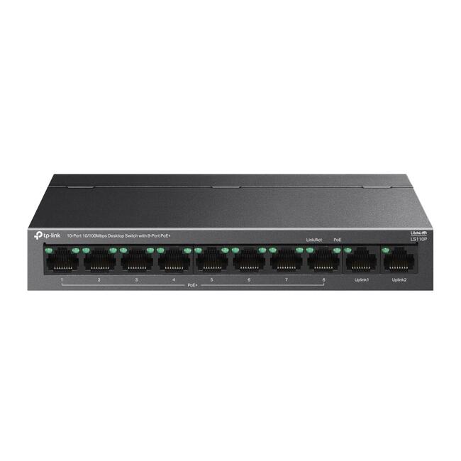TP-Link настолен комутатор LS110P - 10 порта 10/100 Мбит/с, 8 PoE+ със захранване по Ethernet