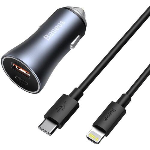 Зарядно за кола Baseus Golden Contactor Pro с USB-A и USB-C изхода 40W + кабел Type-C към Lightning 1м, черен